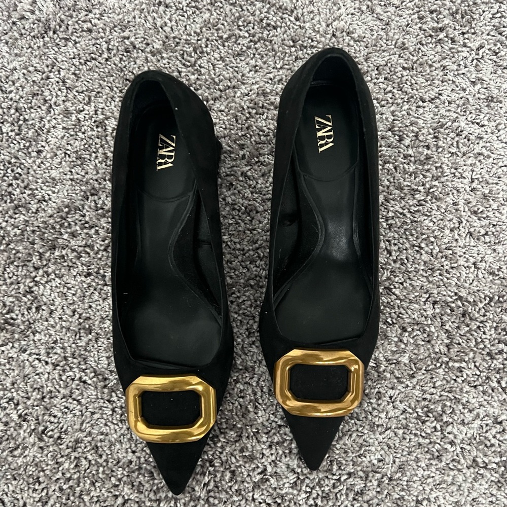 Zara Black Heels with Gold Buckle
